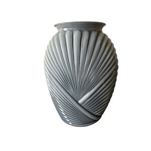 Vintage Gray Art Deco Revival Ribbed Wrapped Art Glass Vase 9.5” Anchor Hocking